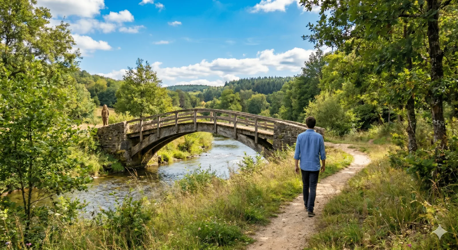 Personne marchant sur un chemin fleuri près d'une rivière et d'un pont en pierre