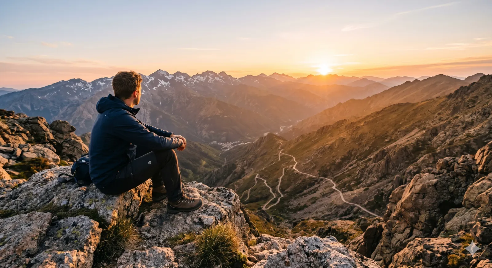 Personne assise sur un sommet rocheux contemplant un coucher de soleil sur les montagnes