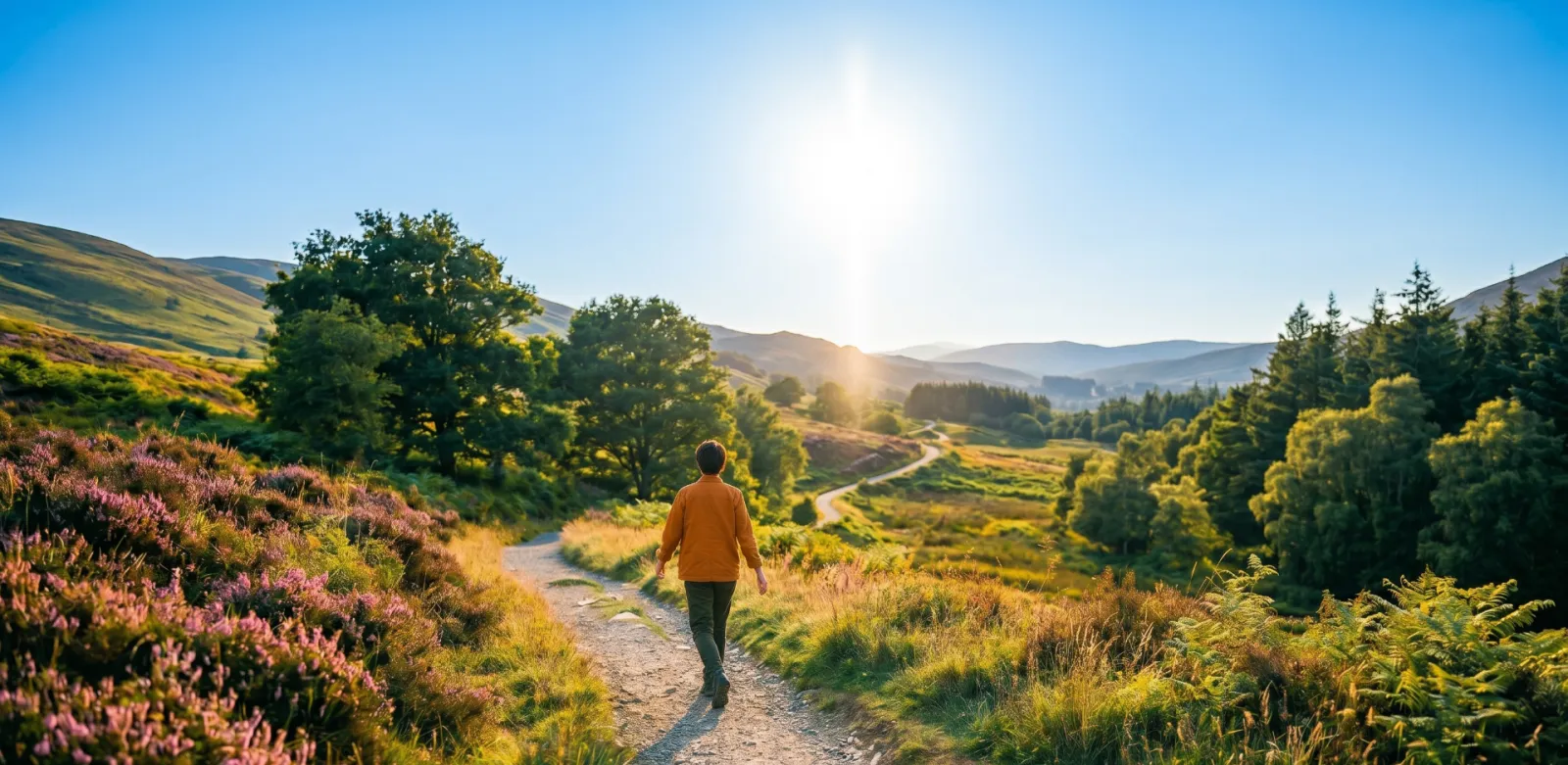 Chemin de nature ensoleillé sous un ciel bleu