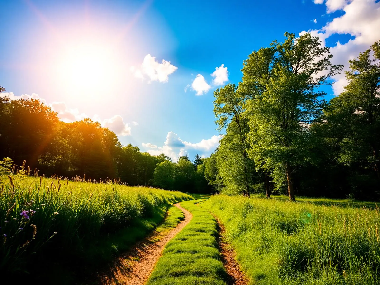 Chemin de nature ensoleillé sous un ciel bleu